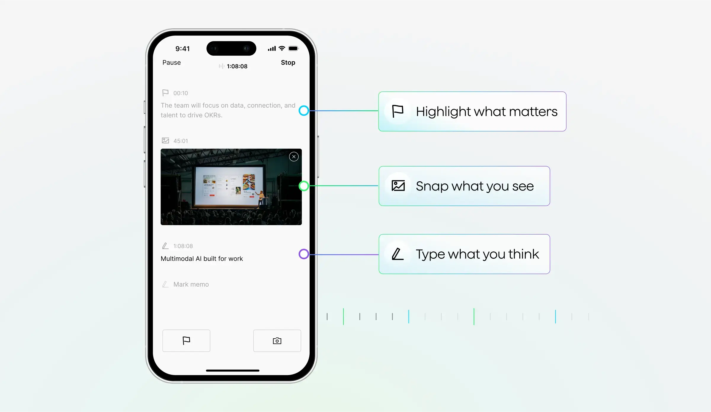 PLAUD app UI features: highlight key points, snap photos of presentations, and type notes during recordings.