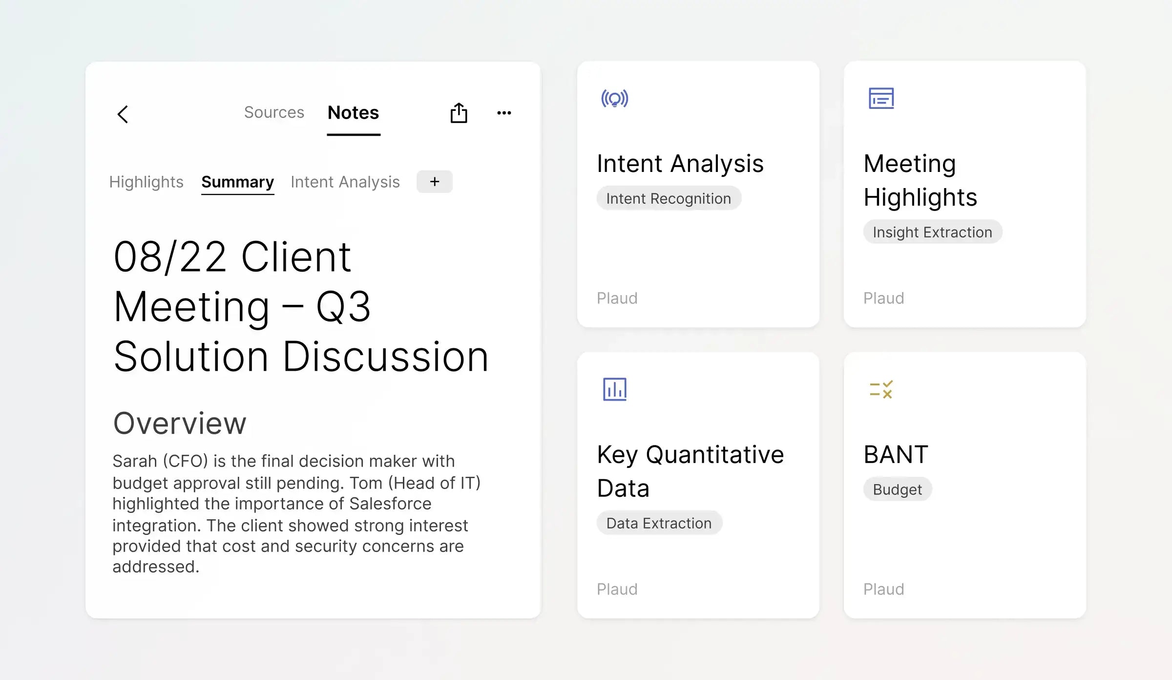 Plaud app UI featuring meeting summaries, intent analysis, highlights, and BANT data extraction for business notes.