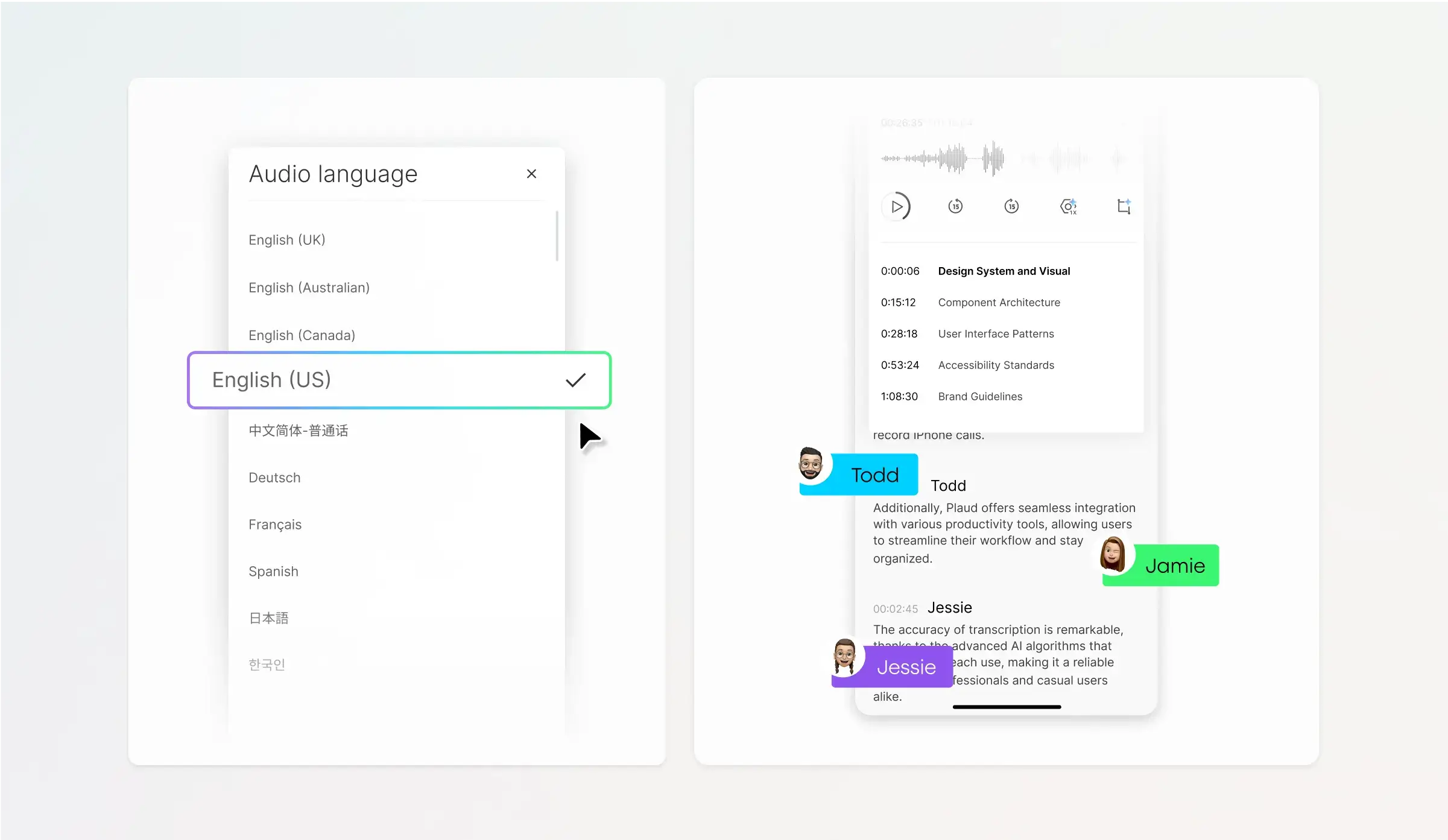 Plaud app UI displaying audio language selection and a transcription with speaker labels for Todd, Jamie, and Jessie.