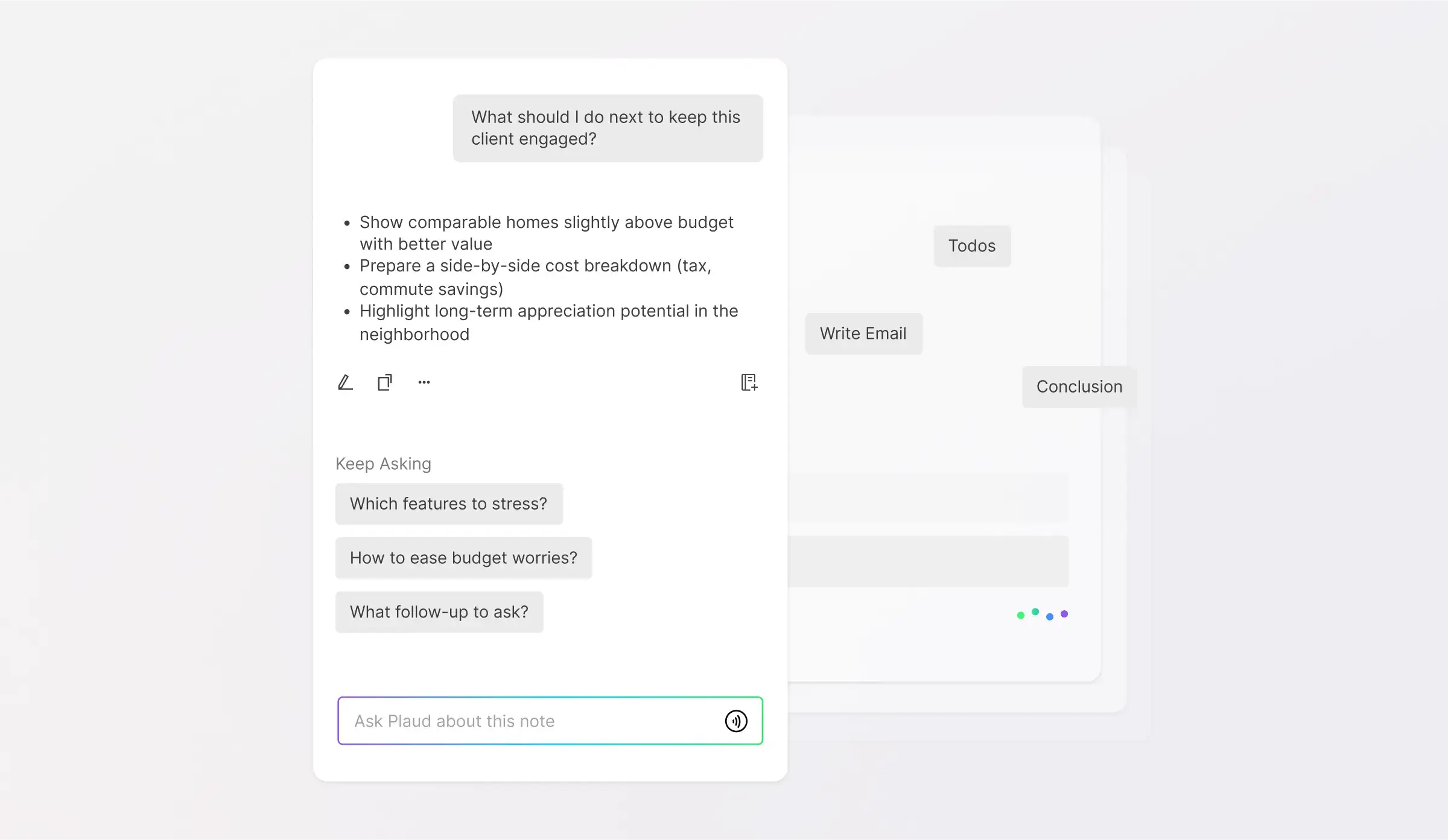 Plaud AI chat interface providing actionable client follow-up suggestions based on a recorded note.