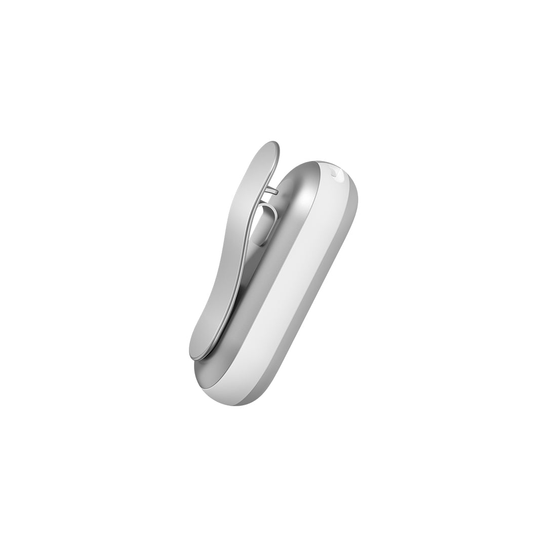 Side view of the silver PLAUD NotePin AI voice recorder featuring its integrated wearable clip.
