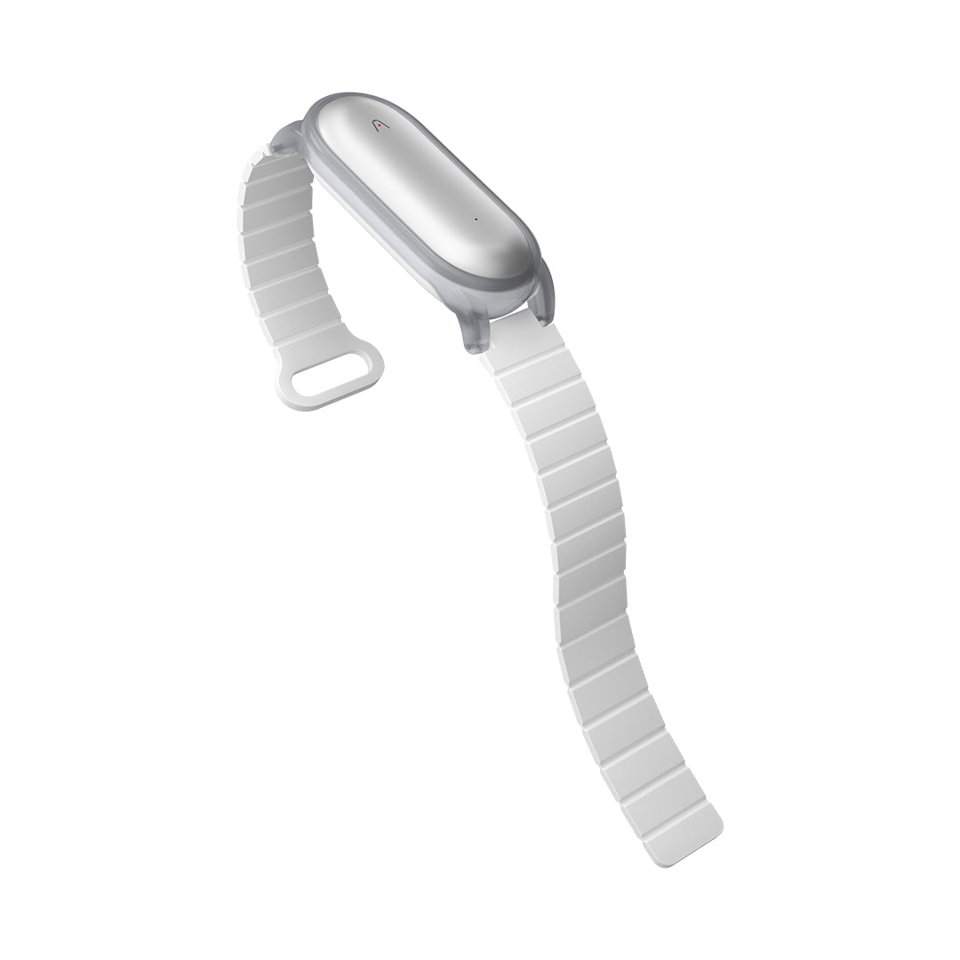 Plaud NotePin AI voice recorder inserted into a white wristband accessory.