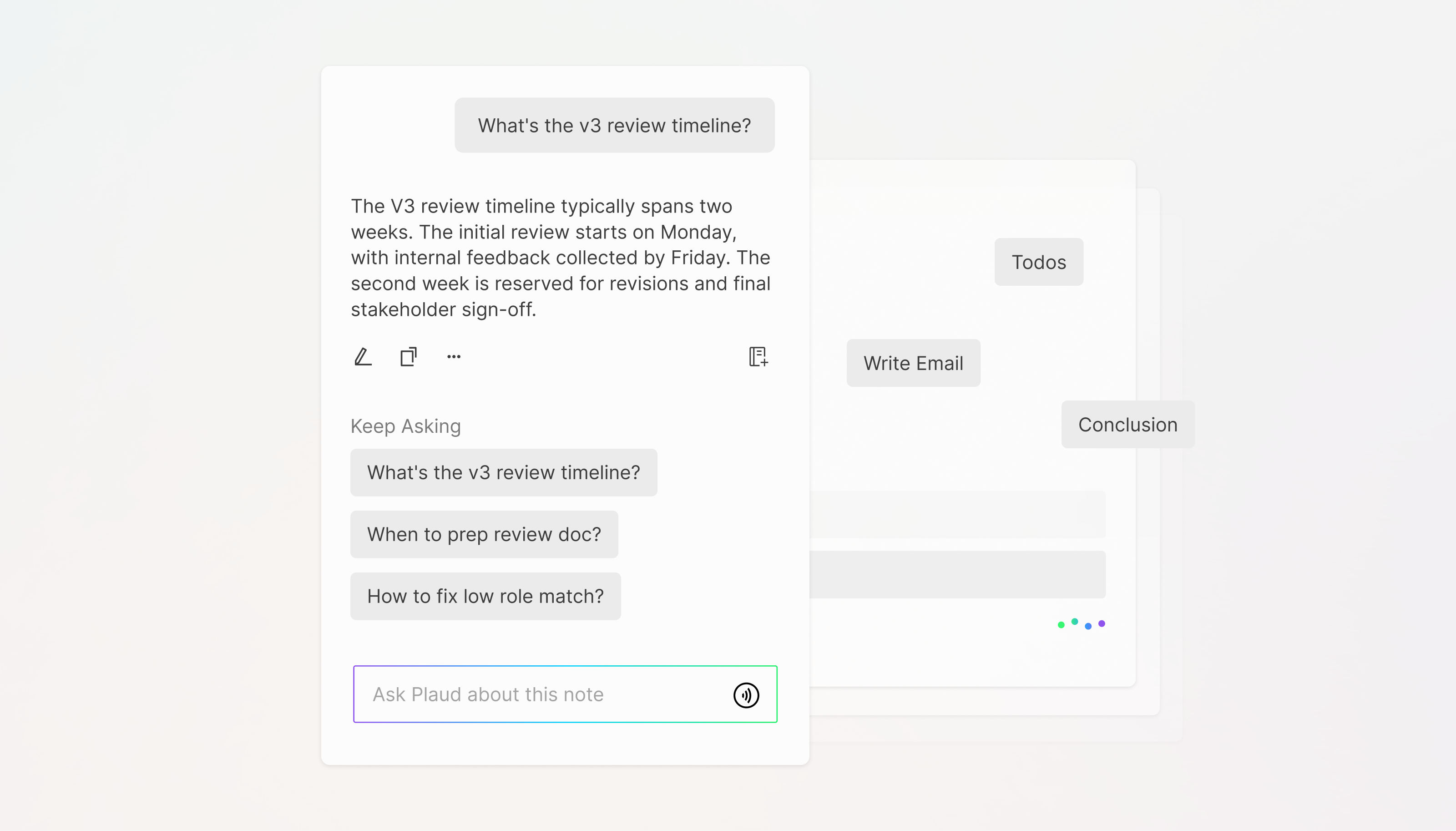 Plaud Intelligence UI displaying an AI chat response about a review timeline and suggested follow-up questions.