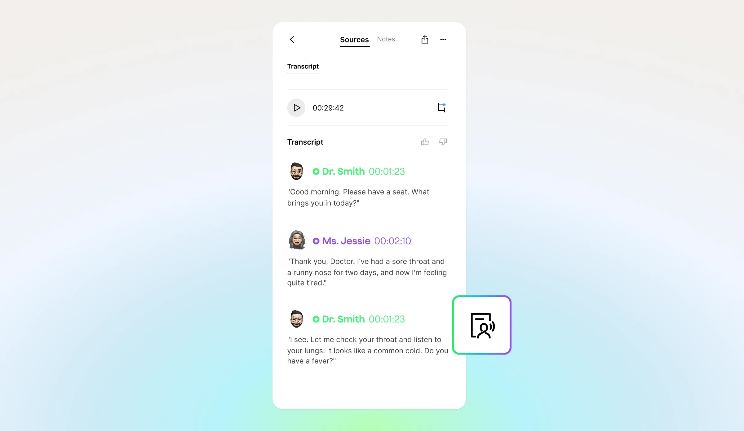 Plaud app interface showing a speaker-labeled transcript of a medical appointment with timestamps.