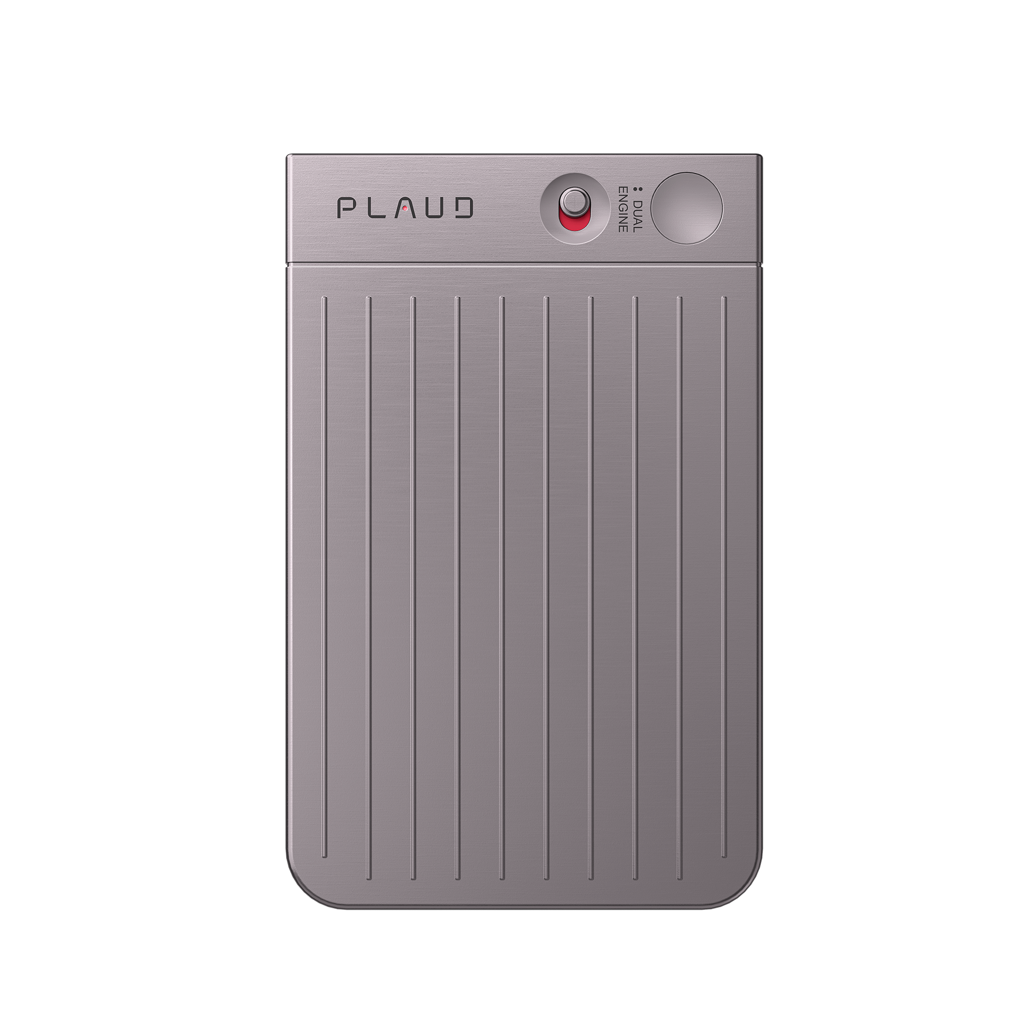 Starlight Plaud Note AI voice recorder featuring vertical ridges, a red recording switch, and dual engine technology.