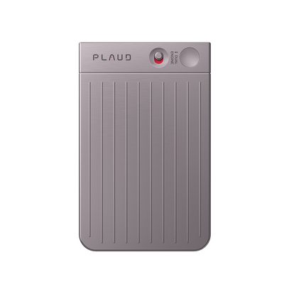 Starlight Plaud Note AI voice recorder featuring vertical ridges, a red recording switch, and dual engine technology.