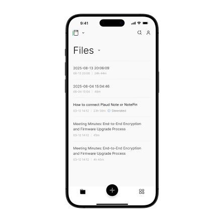 Plaud app interface displaying a list of recorded files and meeting minutes for Plaud Note or NotePin.