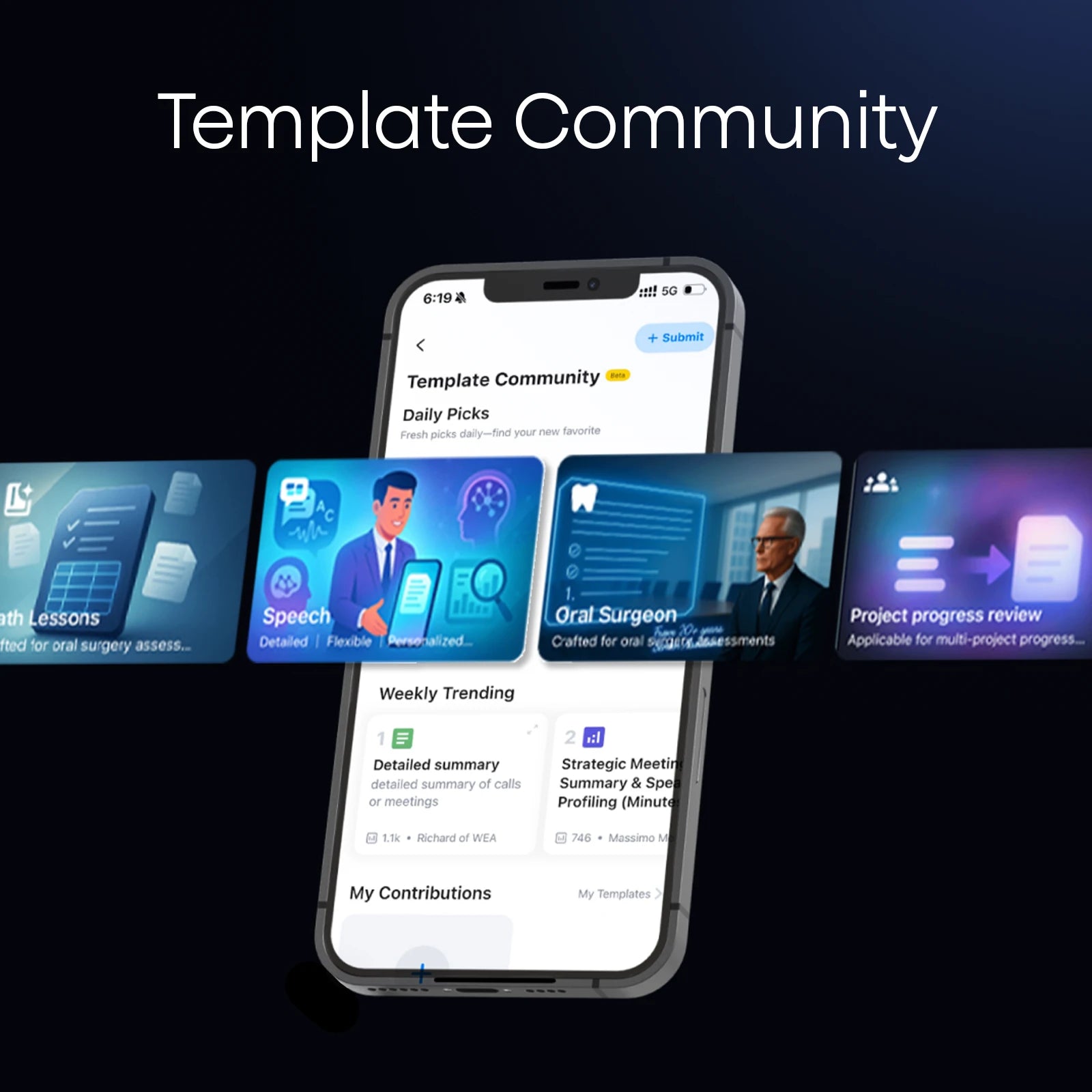 PLAUD app Template Community screen showing AI note-taking templates for speech, oral surgery, and project reviews.