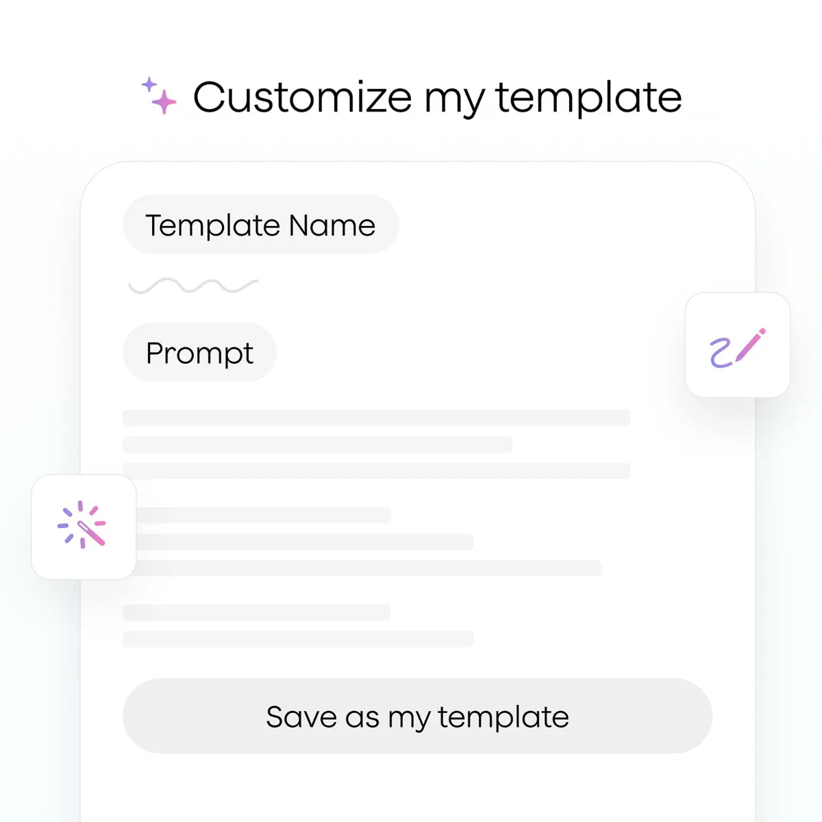 PLAUD app UI for creating custom AI templates with fields for template name, prompt, and a save button.