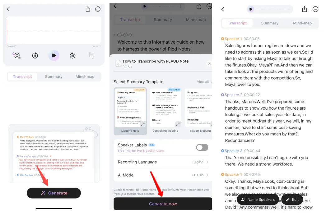 PLAUD app interface showing recording controls, AI summary template selection using GPT-4o, and a detailed transcript.