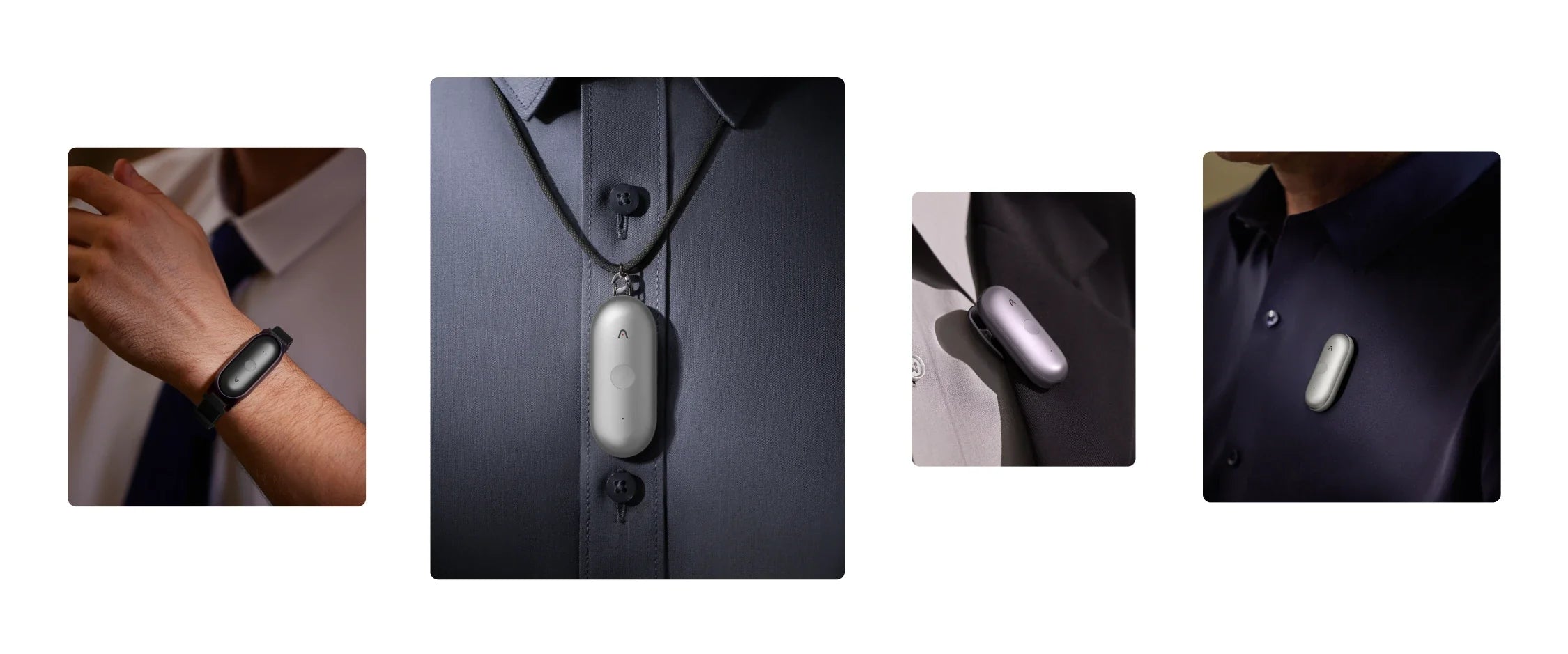 Four ways to wear the Plaud NotePin: as a wristband, necklace, lapel clip, or shirt pin.