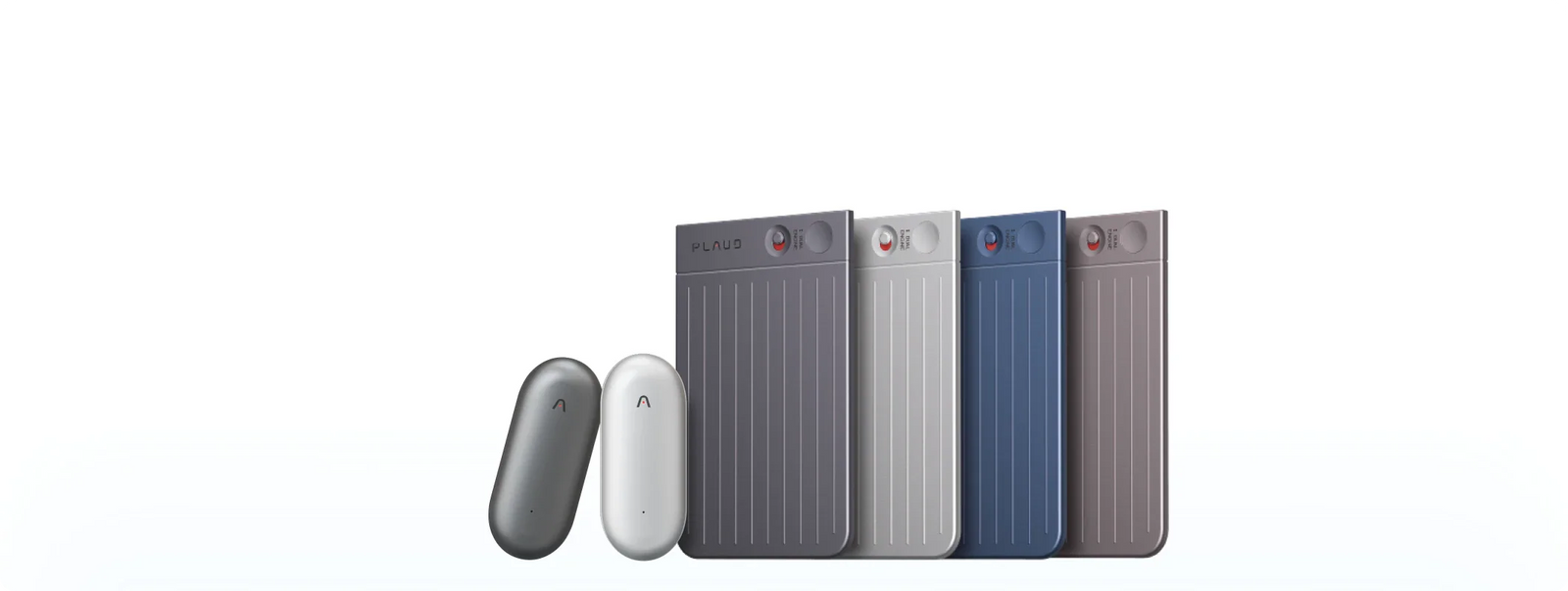 Plaud NotePin in gray and white next to Plaud Note recorders in gray, silver, blue, and purple.