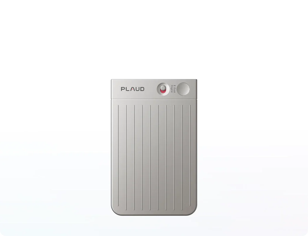 Plaud Note AI voice recorder in starlight, showing the slim card design, recording switch, and vertical ridges.